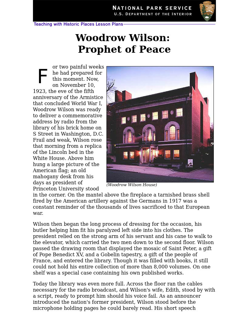 Woodrow Wilson: Prophet of Peace Lesson Plan