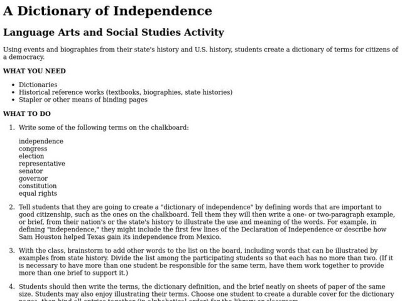 A Dictionary of Independence Lesson Plan