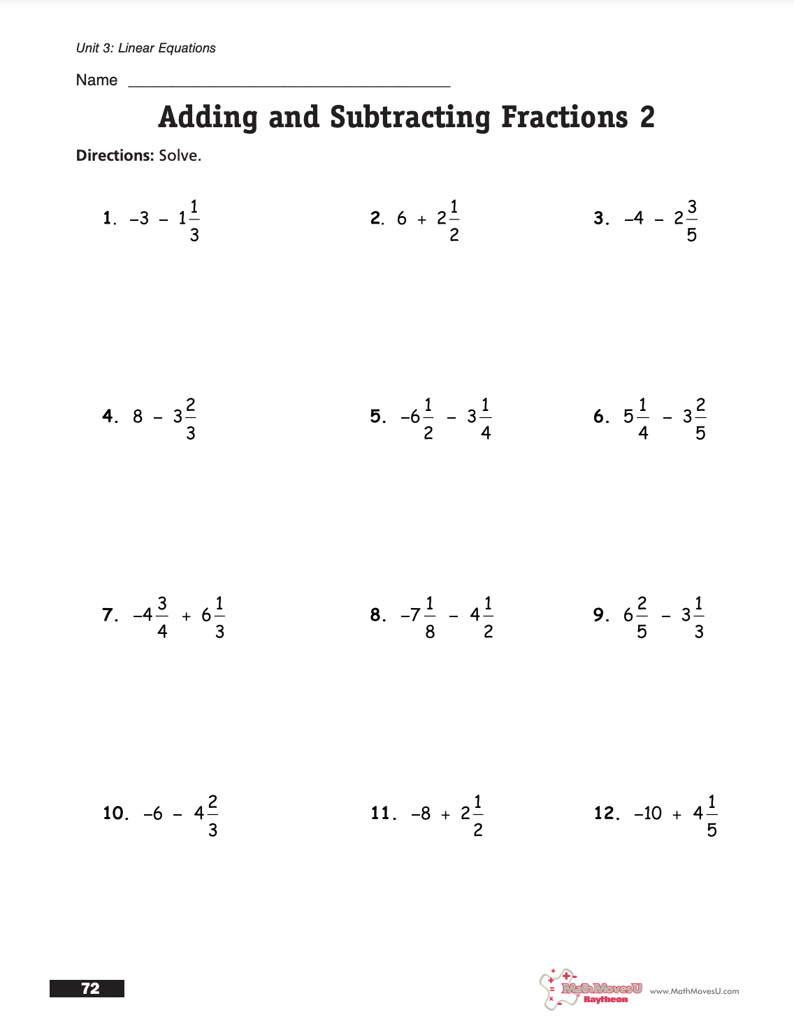 Mixed Fractions Worksheet