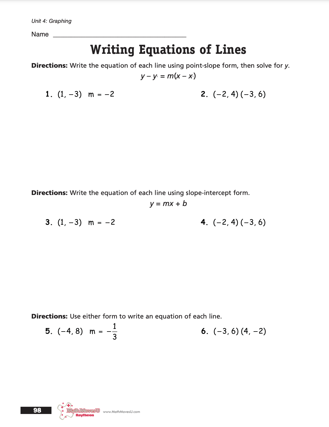 Equations and Graphing Review Worksheet