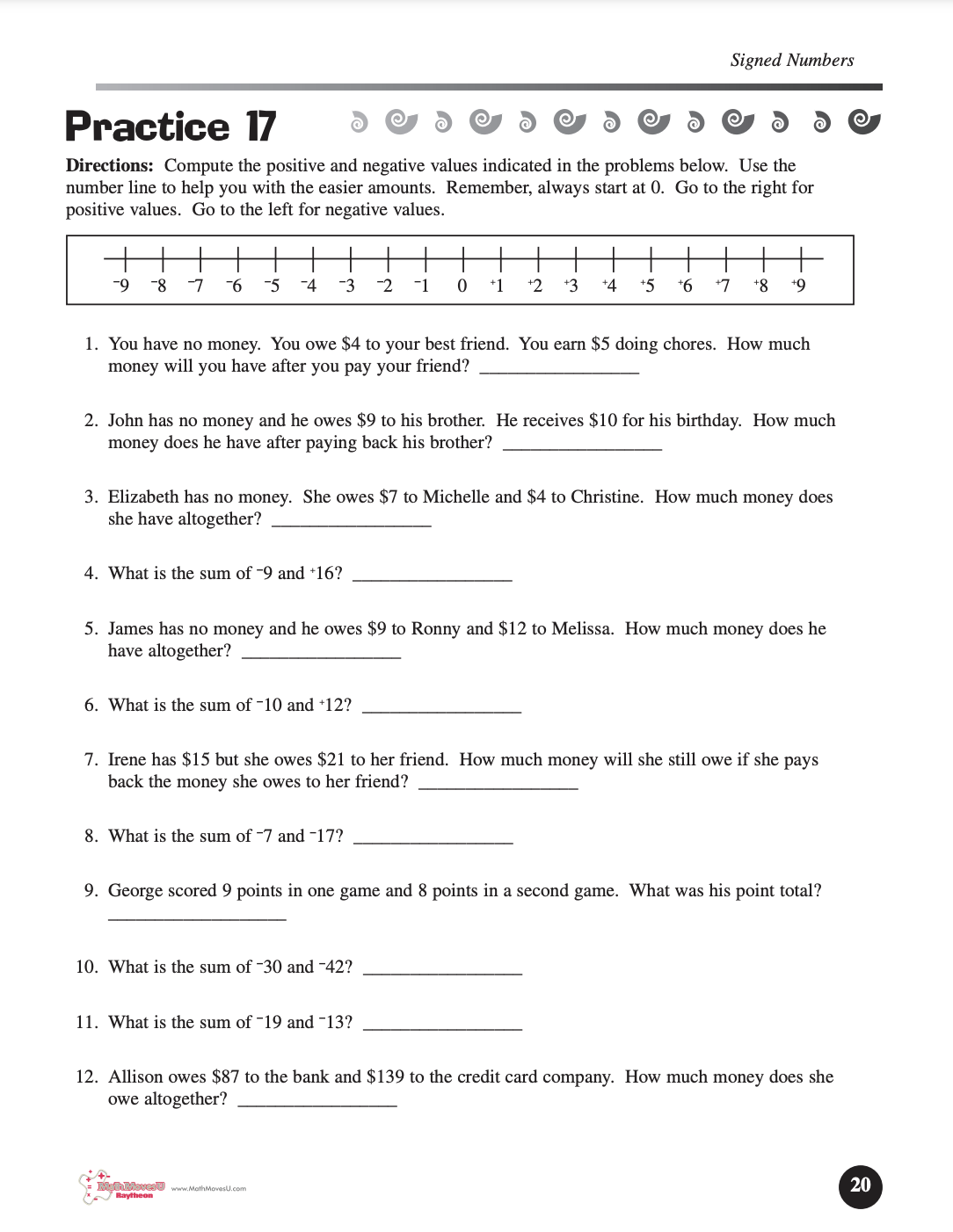 Signed Numbers/Integers Worksheets Worksheet