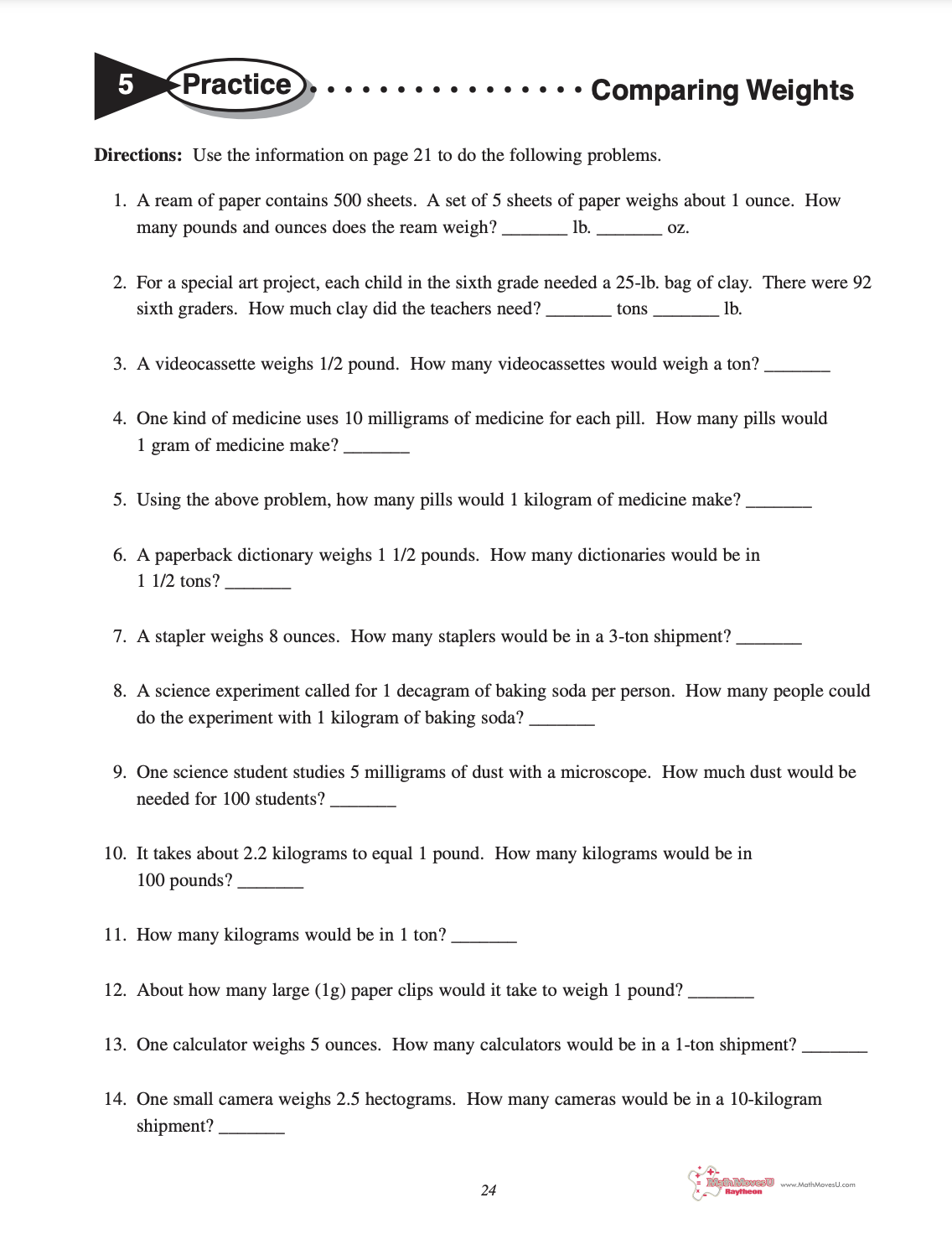Weight and Capacity Worksheets Worksheet