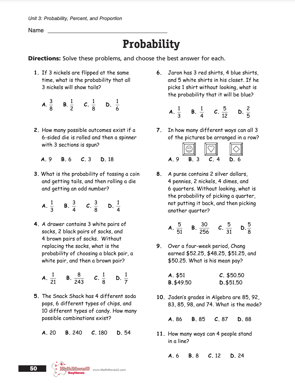 Probability, Percent, and Proportion Worksheet