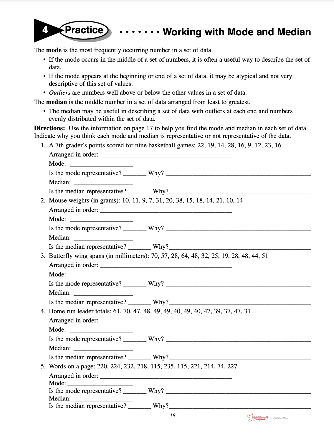 Working With Mode, Median, and Mean Worksheet