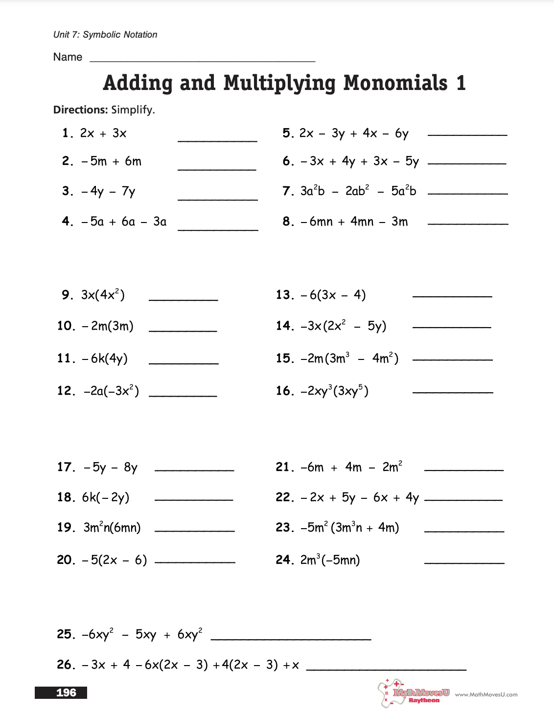 Simplifying and Combining Algebraic Expressions Worksheet