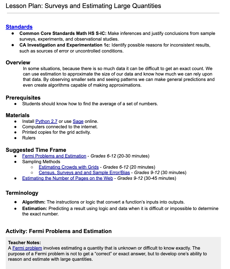 Surveys and Estimating Large Quantities Lesson Plan