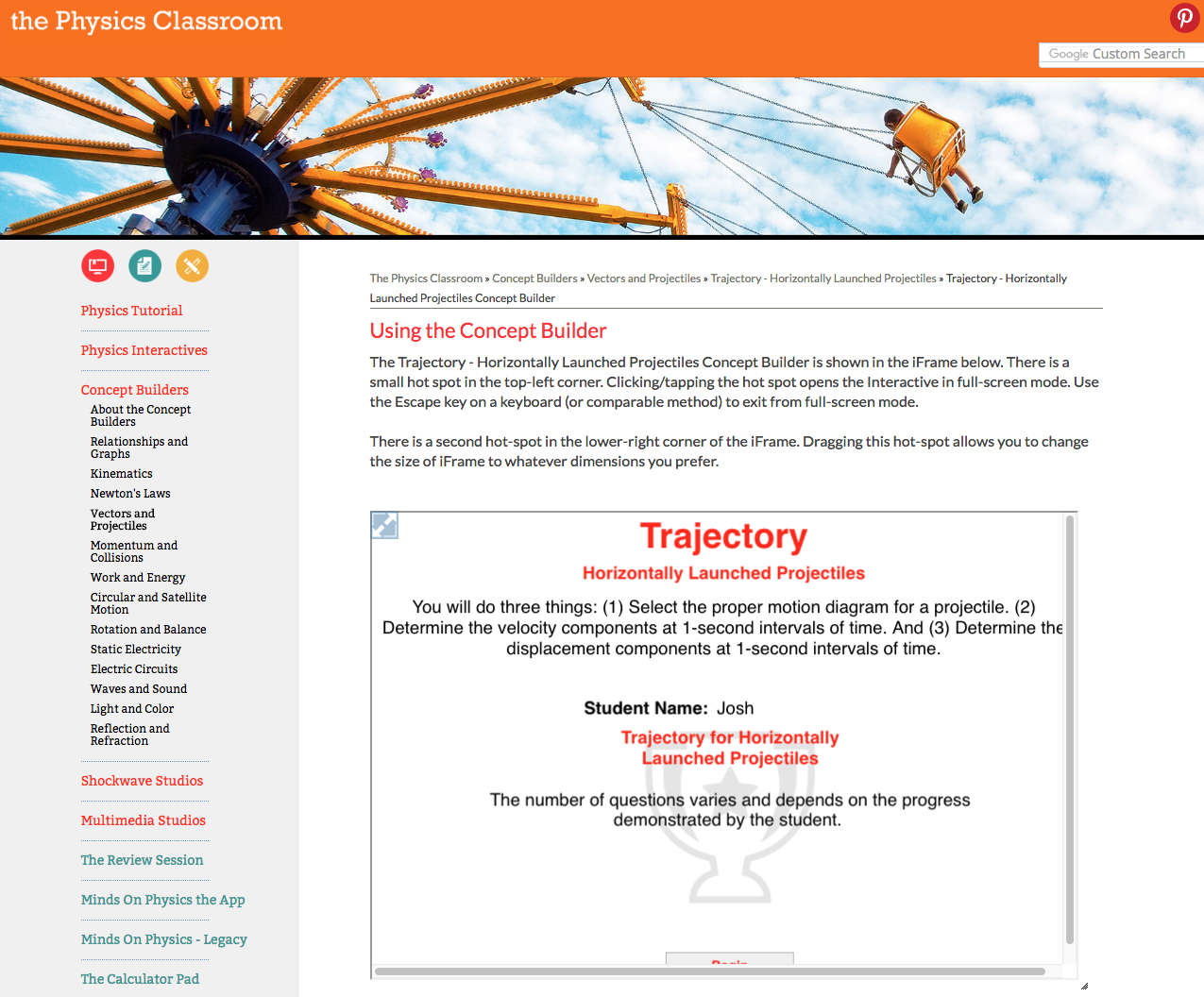 Trajectory - Horizontally Launched Projectiles Interactive