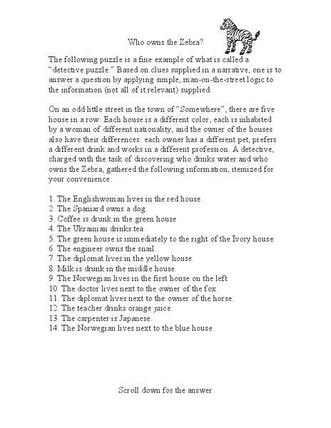 Who Owns the Zebra? Worksheet