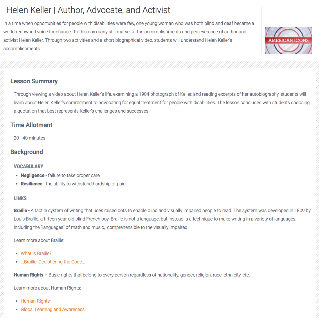 Helen Keller: Author, Advocate, and Activist Lesson Plan