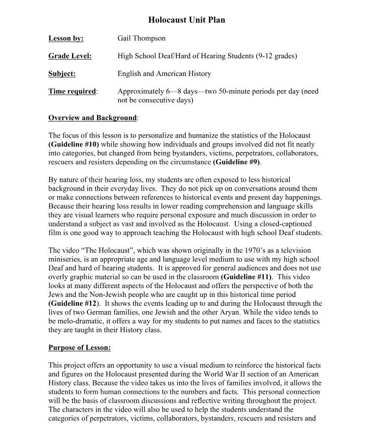 Holocaust Unit Plan Unit Plan