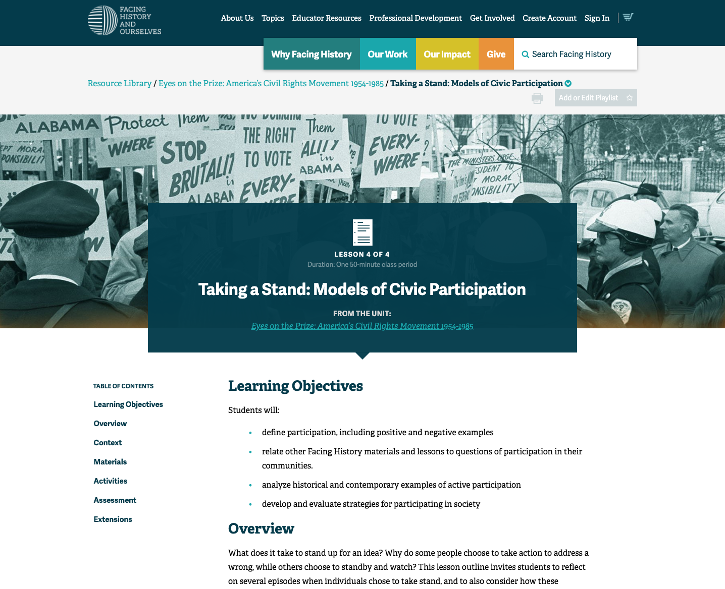 Taking a Stand: Models of Civic Participation Lesson Plan