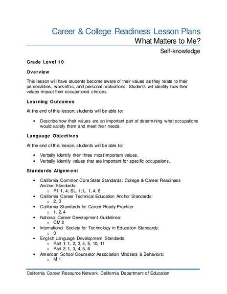 What Matters to Me? Lesson Plan