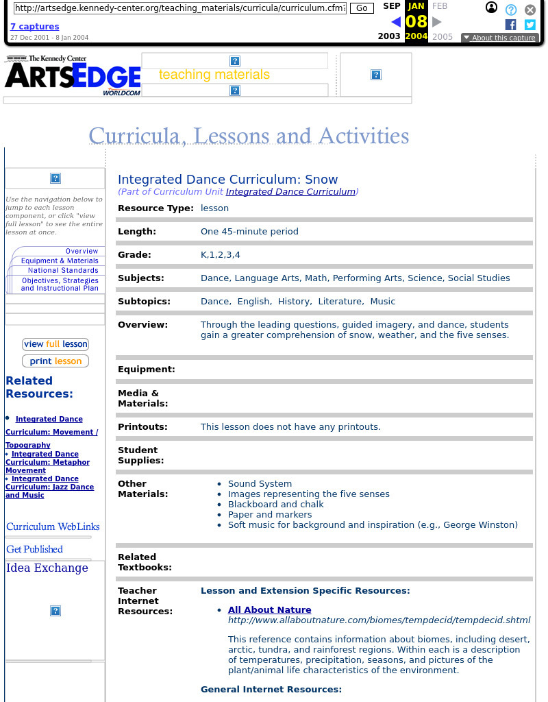 Integrated Dance Curriculum: Snow Lesson Plan