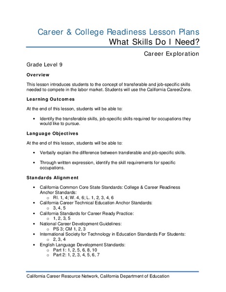 What Skills Do I Need? Lesson Plan