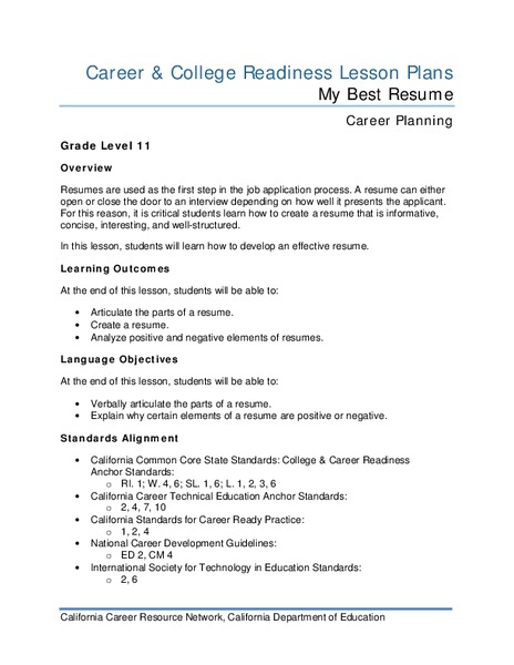 My Best Resume Lesson Plan