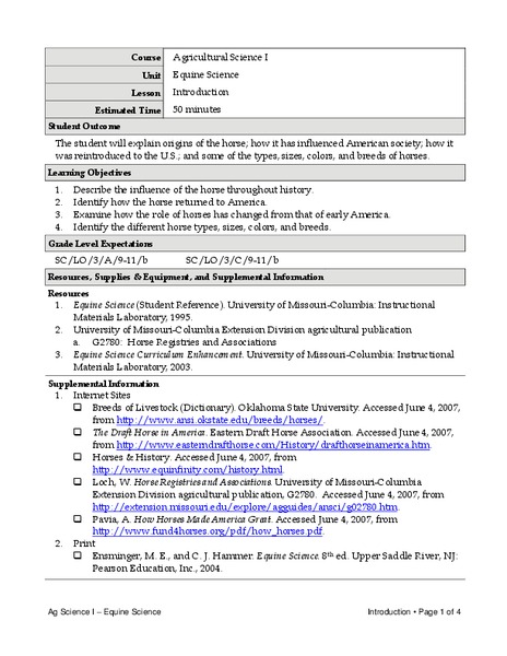 Equine Science Unit Plan