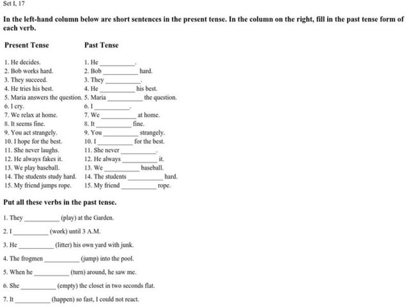 Past Tense Forms of Verbs Worksheet