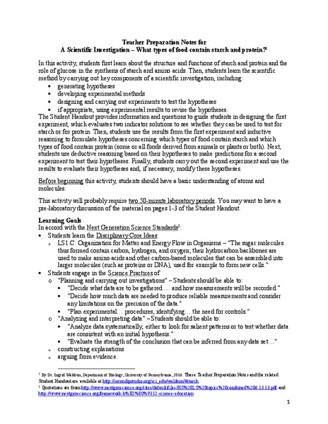 A Scientific Investigation – What Types of Food Contain Starch and Protein? Lab Resource