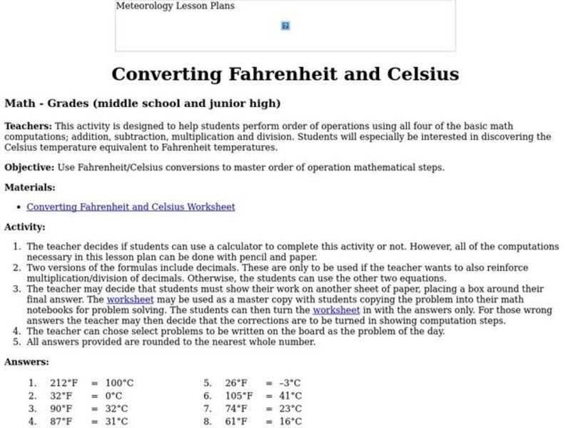 Converting Fahrenheit and Celsius Lesson Plan