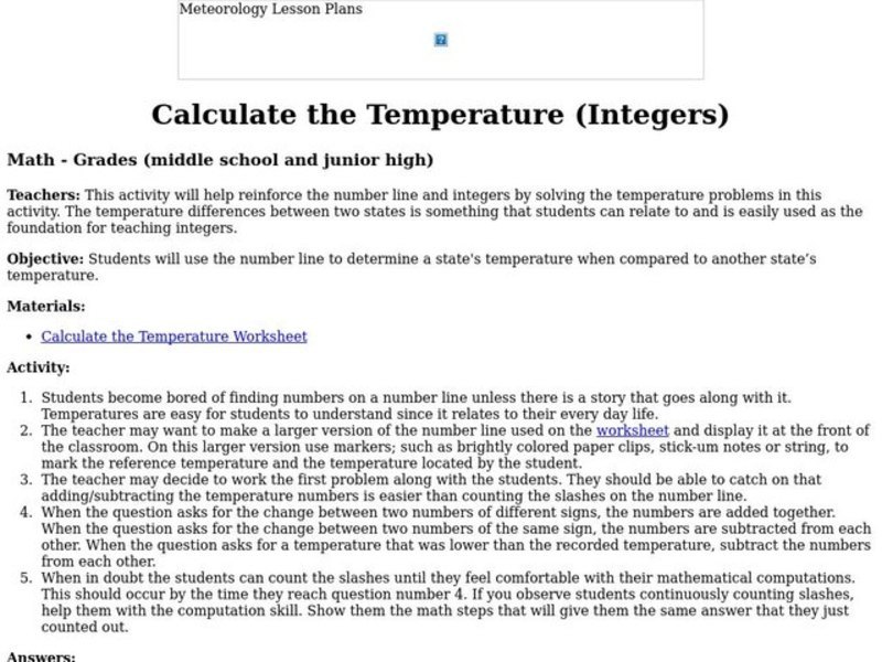 Calculate the Temperature (Integers) Lesson Plan