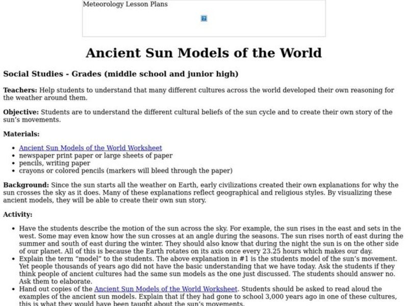 Ancient Sun Models of the World Lesson Plan