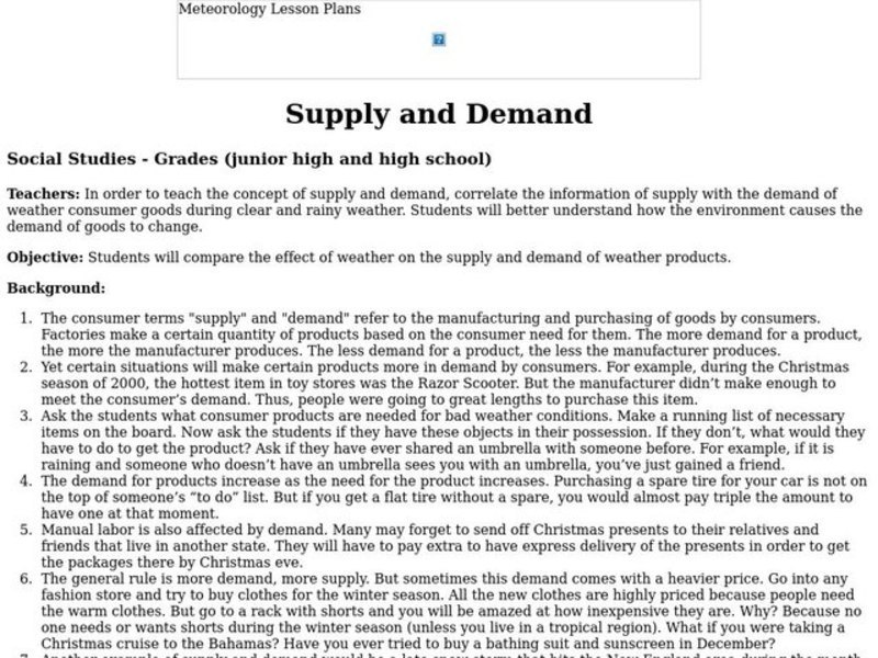 Supply and Demand - Weather Consumer Goods Lesson Plan