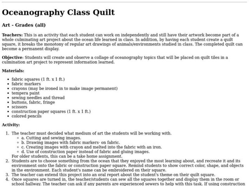 Oceanography Class Quilt Lesson Plan