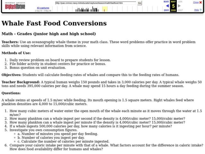 Whale Fast Food Conversions Lesson Plan
