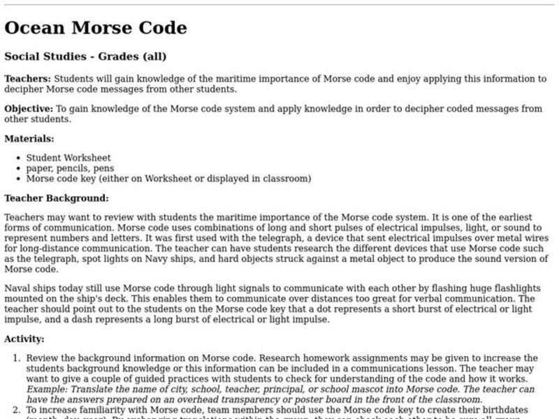 Ocean Morse Code Lesson Plan