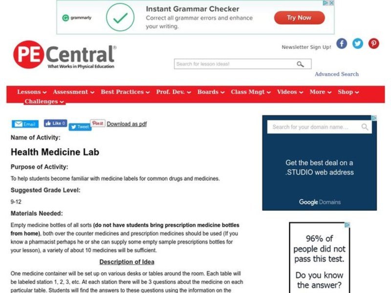 Health Medicine Lab Lesson Plan