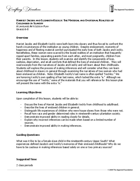 Harriet Jabocs and Elizabeth Keckly: The Material and Emotional Realities of Childhood in Slavery Lesson Plan
