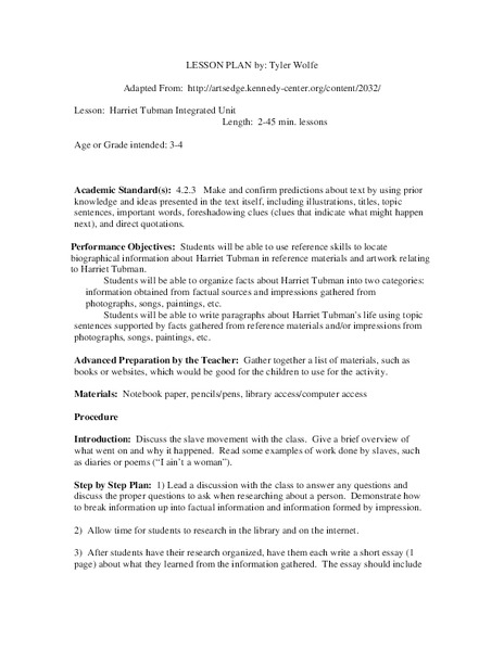 Harriet Tubman Integrated Unit Lesson Plan