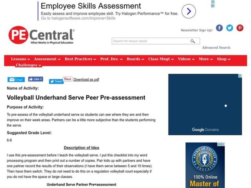 Volleyball Underhand Serve Peer Pre-assessment Lesson Plan