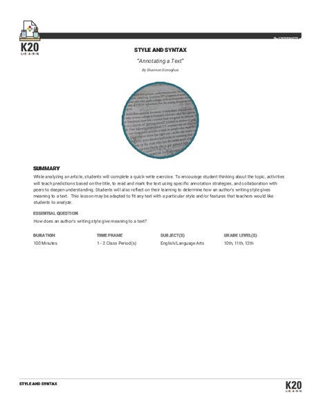 Annotating a Text: Style and Syntax Lesson Plan