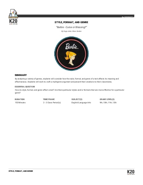 Barbie™: Blessing or Curse? - Style, Format, and Genre Lesson Plan