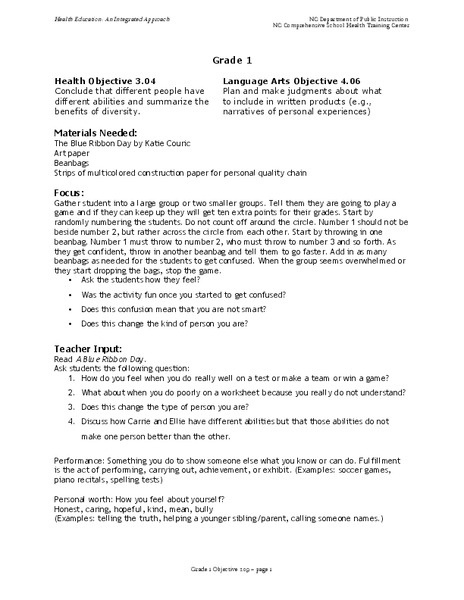 Health Grade 1 Lesson Plan