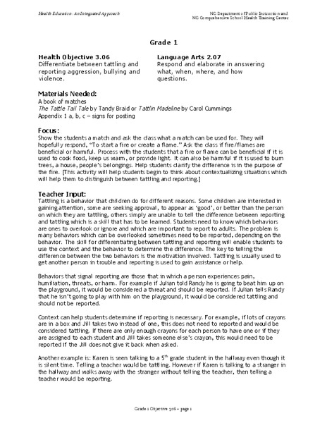 Health Grade 1 Lesson Plan
