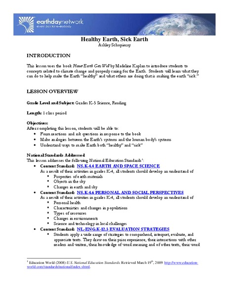 Healthy Earth, Sick Earth Lesson Plan