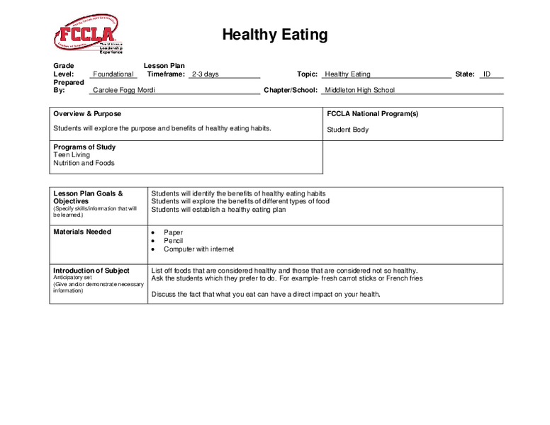 Healthy Eating Lesson Plan