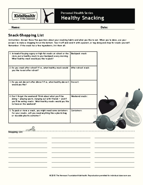 Handout: Healthy Snacking (Grades 6 to 8) Worksheet