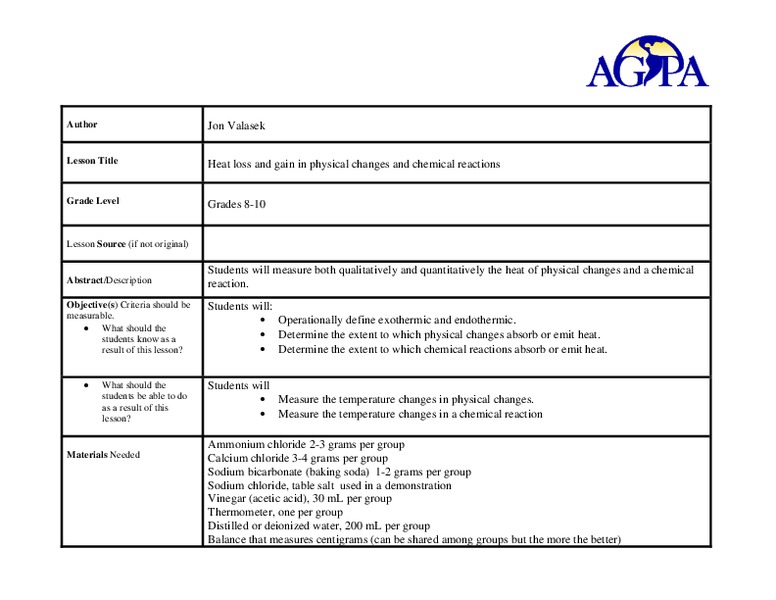 Heat Loss and Gain in Physical Changes and Chemical Reactions Lesson Plan