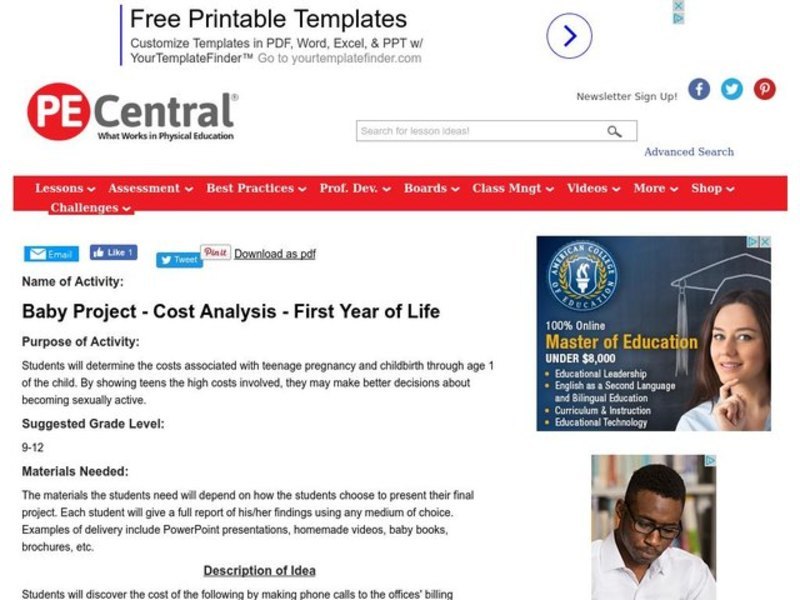 Baby Project - Cost Analysis - First Year of Life Lesson Plan