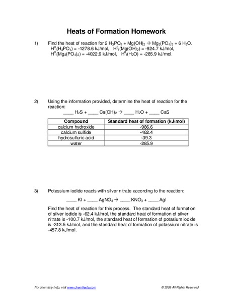 Heat of Formation Worksheet