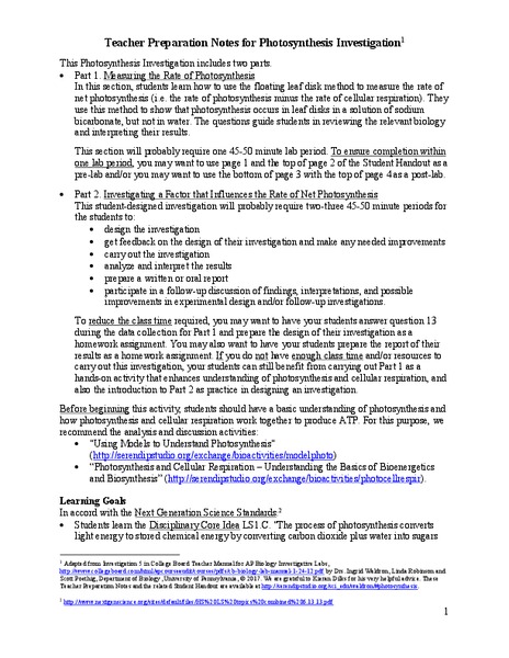 Photosynthesis Investigation Lab Resource