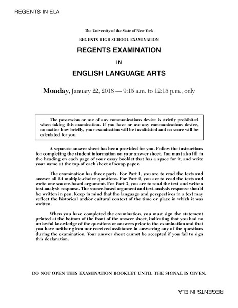 English Language Arts Examination: January 2018 Assessment