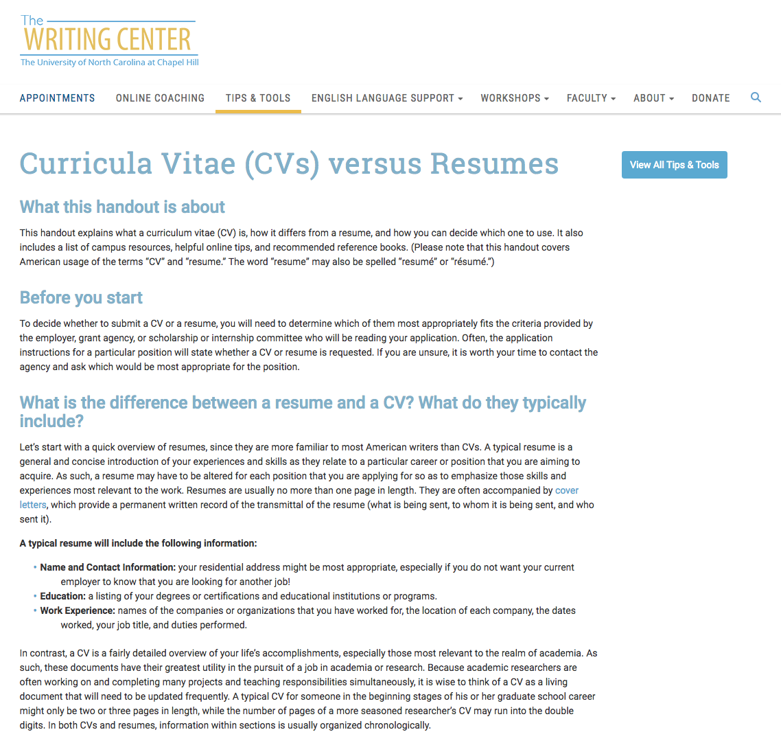 Curricula Vitae (CVs) versus Resumes Website