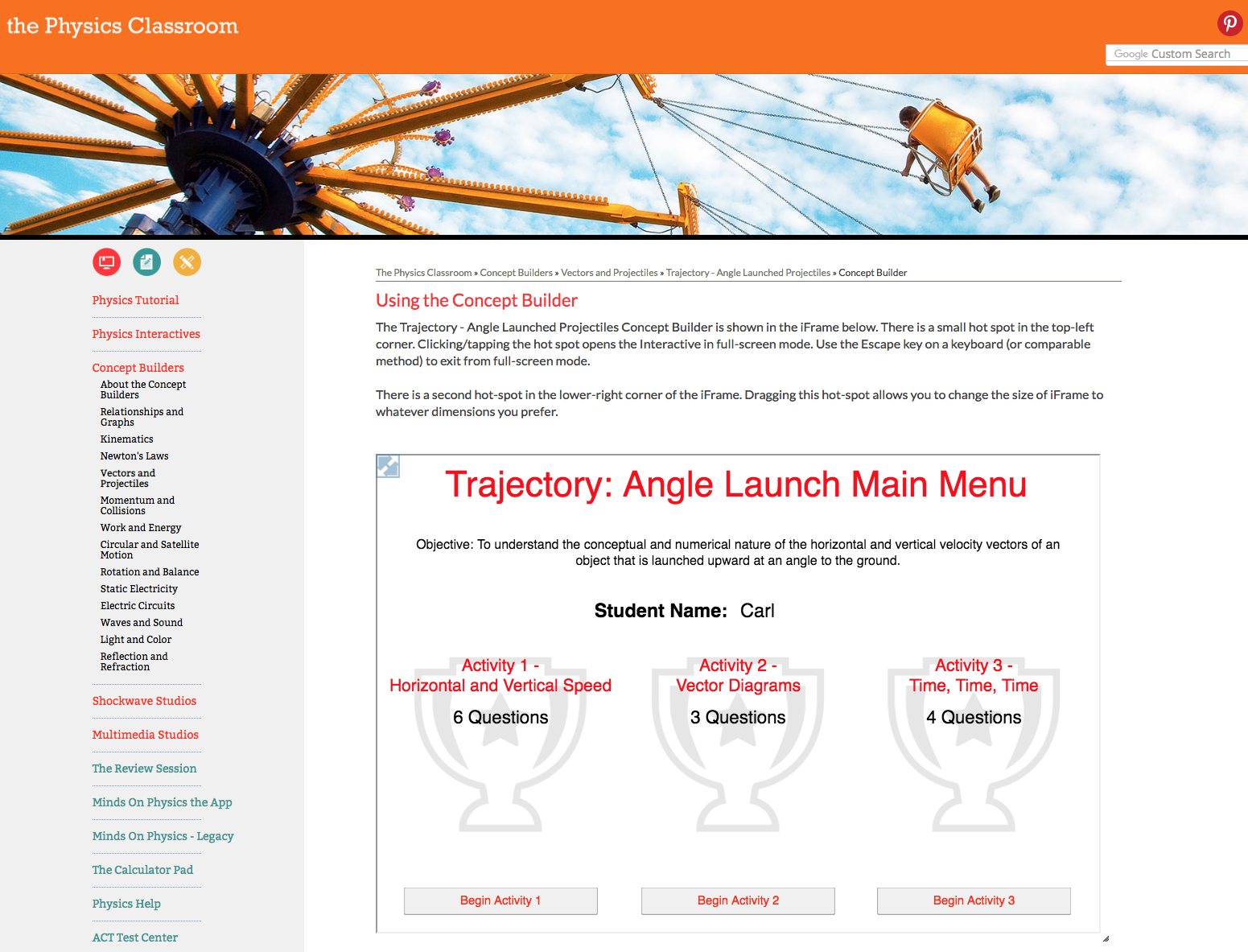 Trajectory - Angle Launched Projectiles Interactive