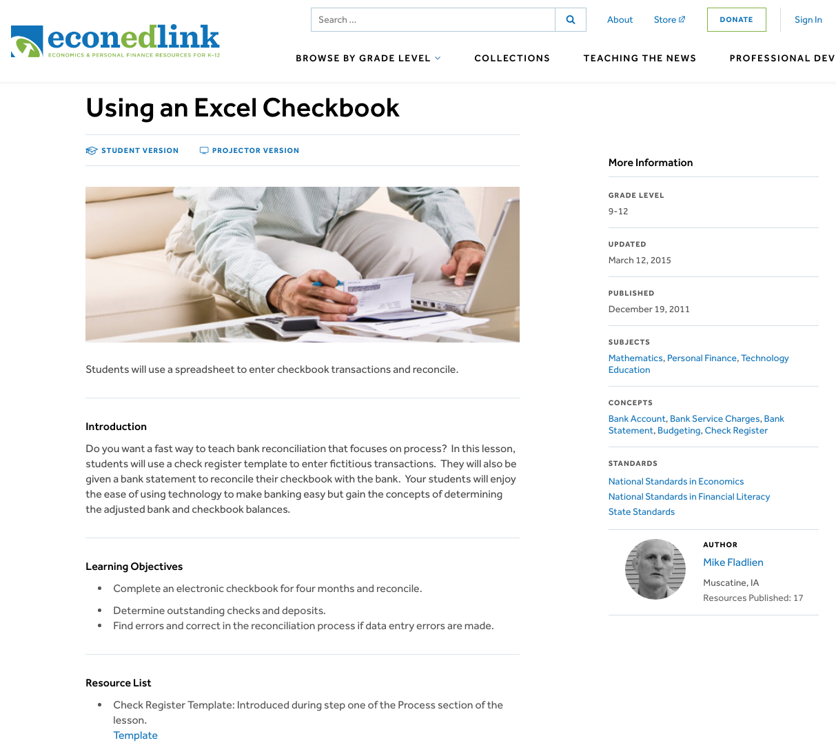 Using an Excel Checkbook Lesson Plan