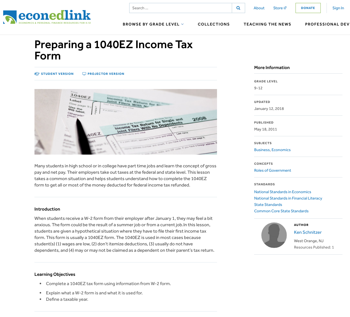Preparing a 1040EZ Income Tax Form Lesson Plan