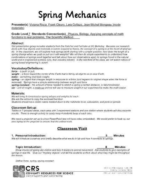 Spring Mechanics Lesson Plan
